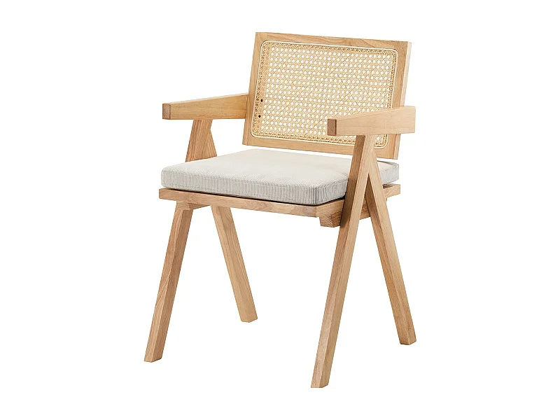 Chaise en bois massif, cannage naturel et velours côtelé beige - Lina