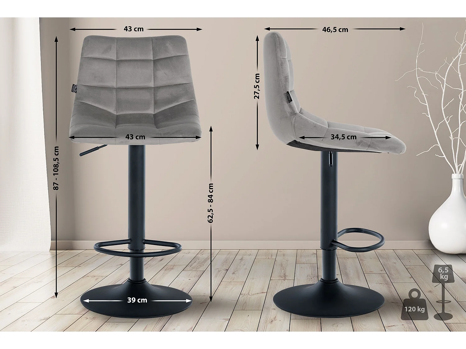 Tabouret de bar - Velours & Métal - Gris - Jerry