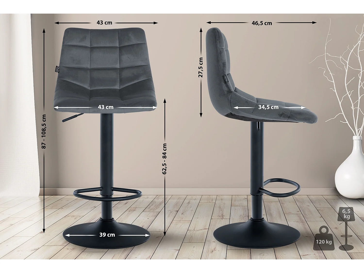 Tabouret de bar - Velours & Métal - Gris foncé - Jerry