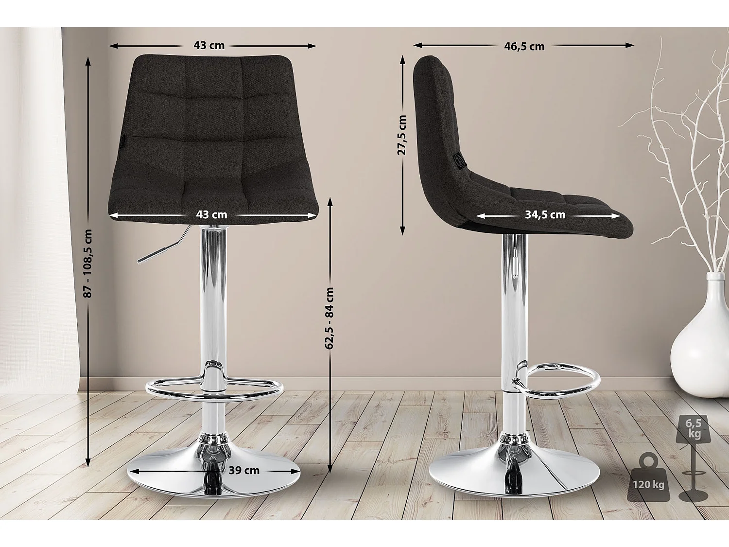 Lot de 2  Tabouret de bar - Tissu & Métal - Noir - Jerry