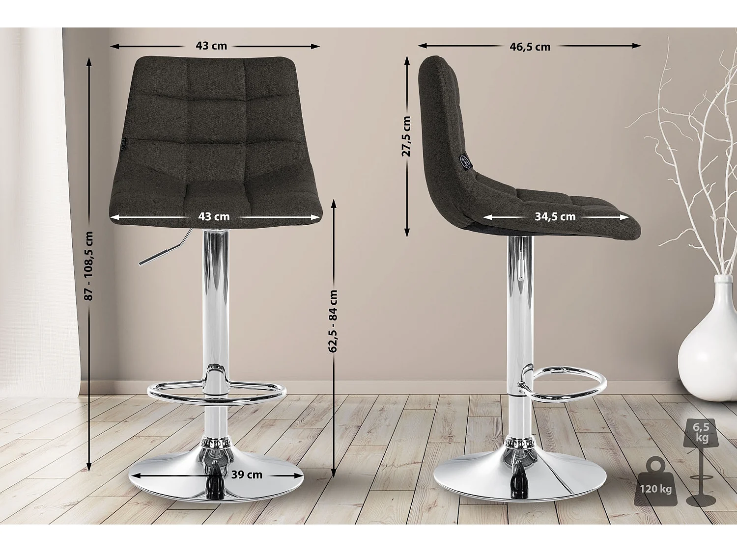 Lot de 2  Tabouret de bar - Tissu & Métal - Gris foncé - Jerry