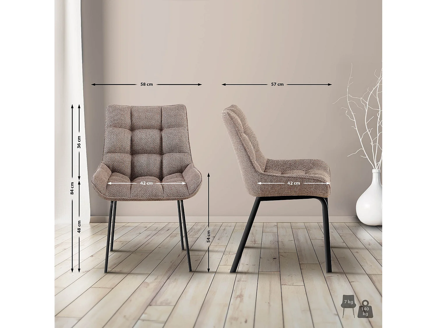 Lot de 4  chaise salle à manger - Tissu & Noir - Marron terre - Saranda