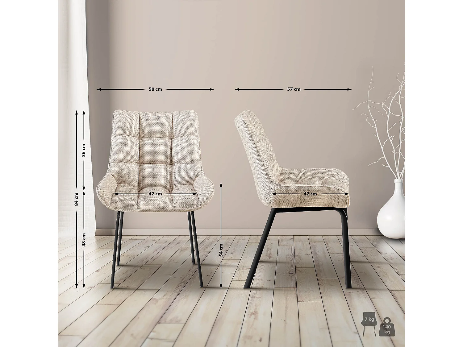 Lot de 4  chaise salle à manger - Tissu & Noir - Ivoire - Saranda