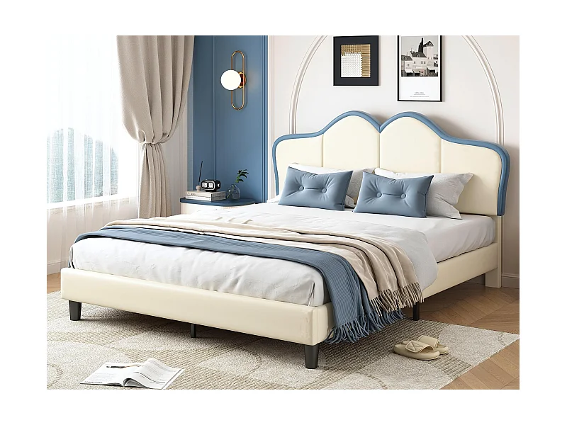 Kinderbett 140 x 200 cm aus Kunstleder – Blau und Weiß