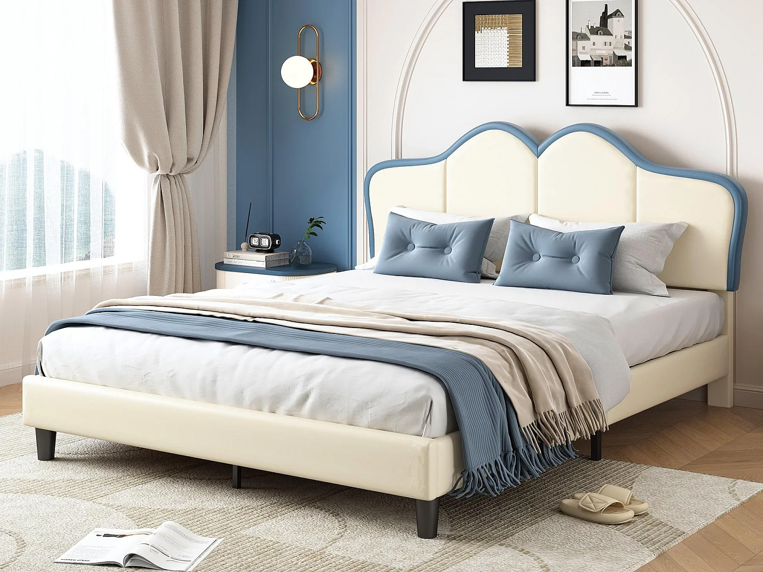 Cama infantil 140x200cm em imitação de pelo - Azul e Branco