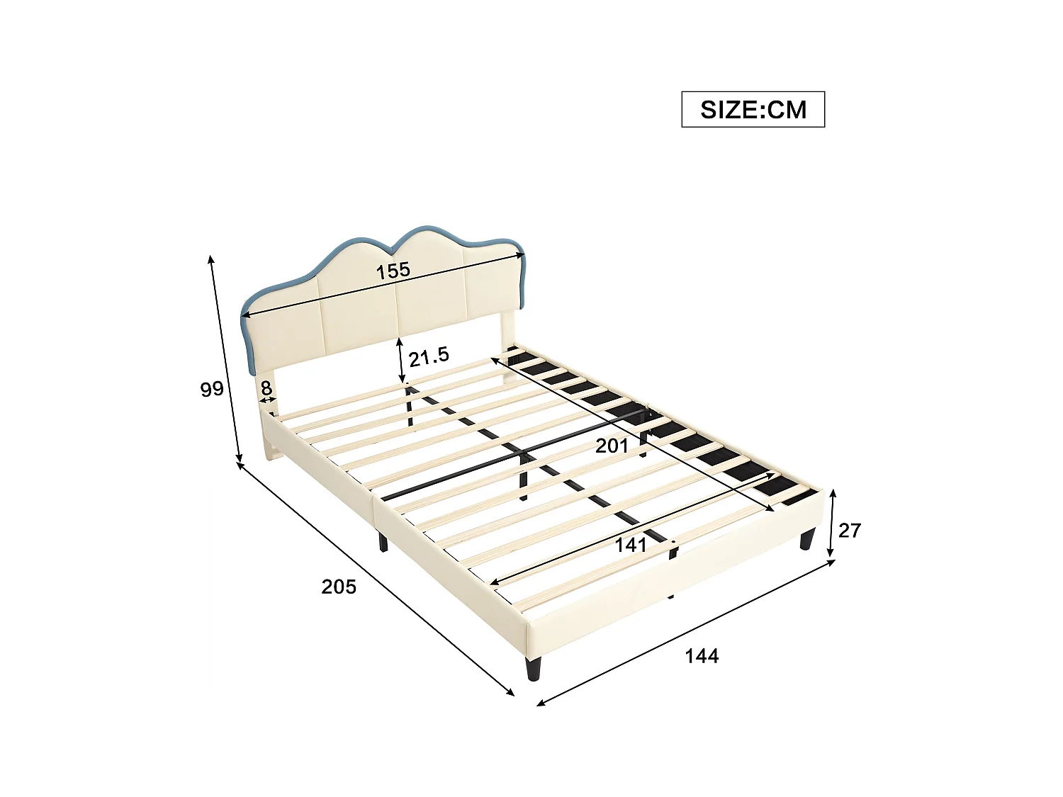 Łóżko dziecięce 140x200cm z ekoskóry - Niebieskie i Białe