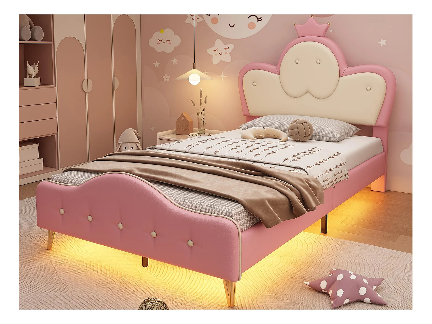 Kinderbed 90x200cm in kunstleer - met LED - Roze & Wit