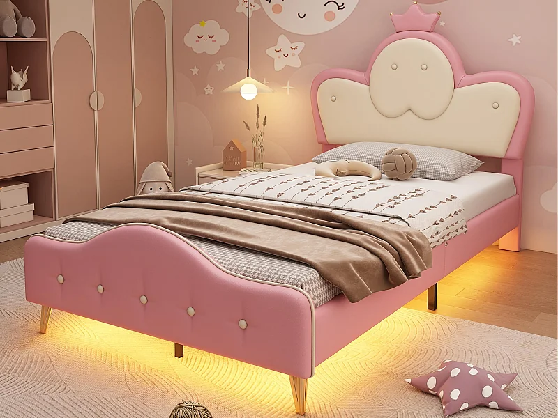 Lit enfant 90x200cm en similicuir - avec LED - Rose & Blanc