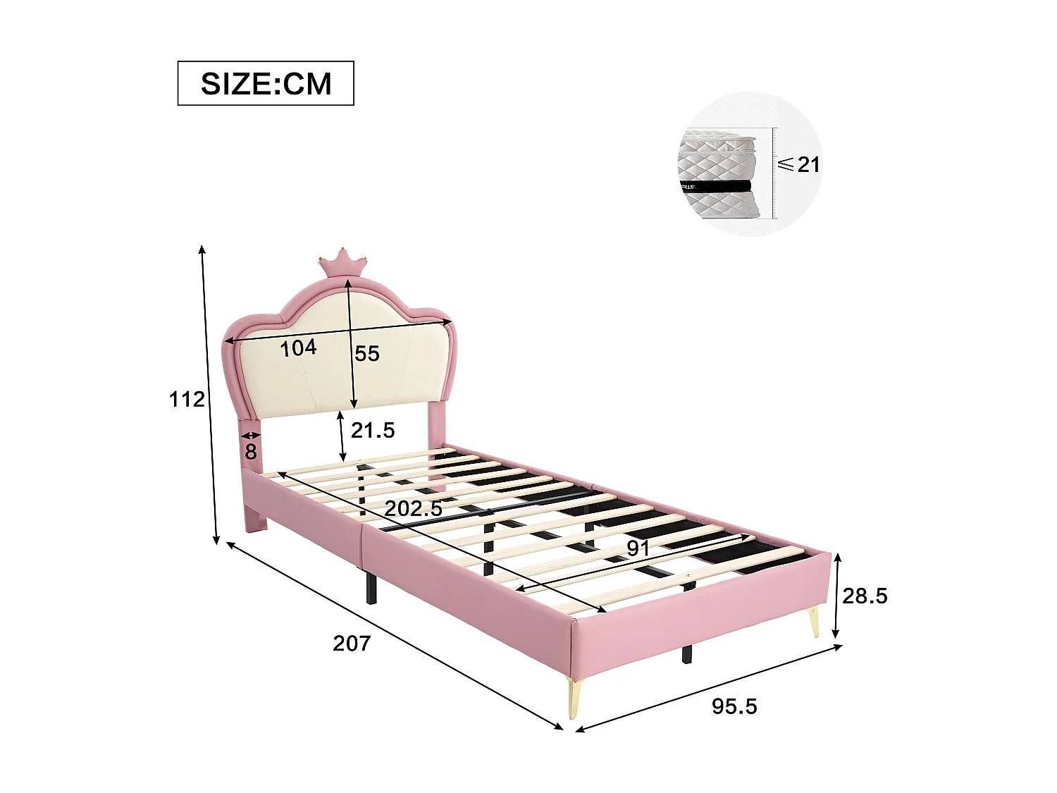 Lit enfant 90x200cm en similicuir - design unique - Rose & Blanc