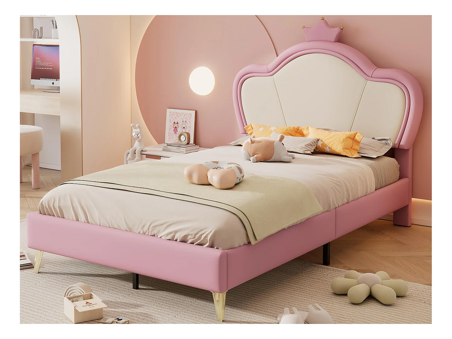 Lit enfant 90x200cm en similicuir - design unique - Rose & Blanc