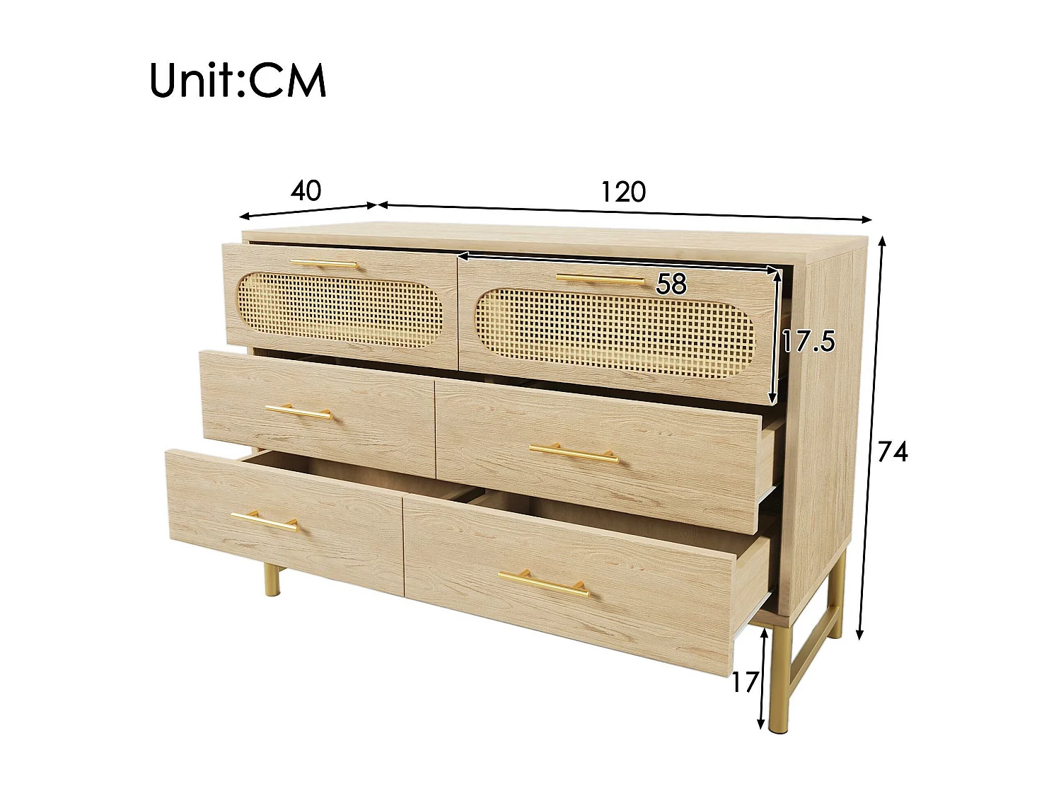 Commode 6 tiroirs - panneaux de particules - Naturel