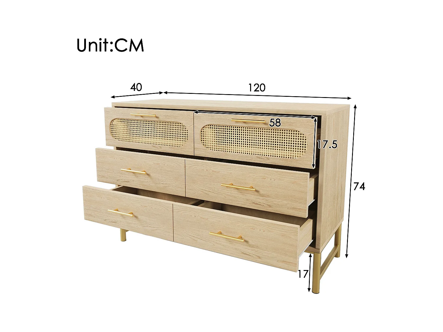 Commode 6 tiroirs - panneaux de particules - Naturel