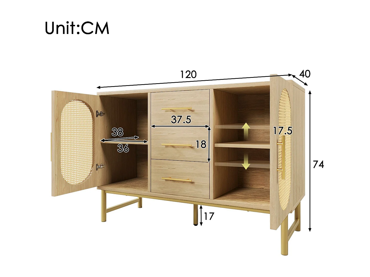 Ladekast met 2 deuren en 3 lades - spaanplaat - Naturel