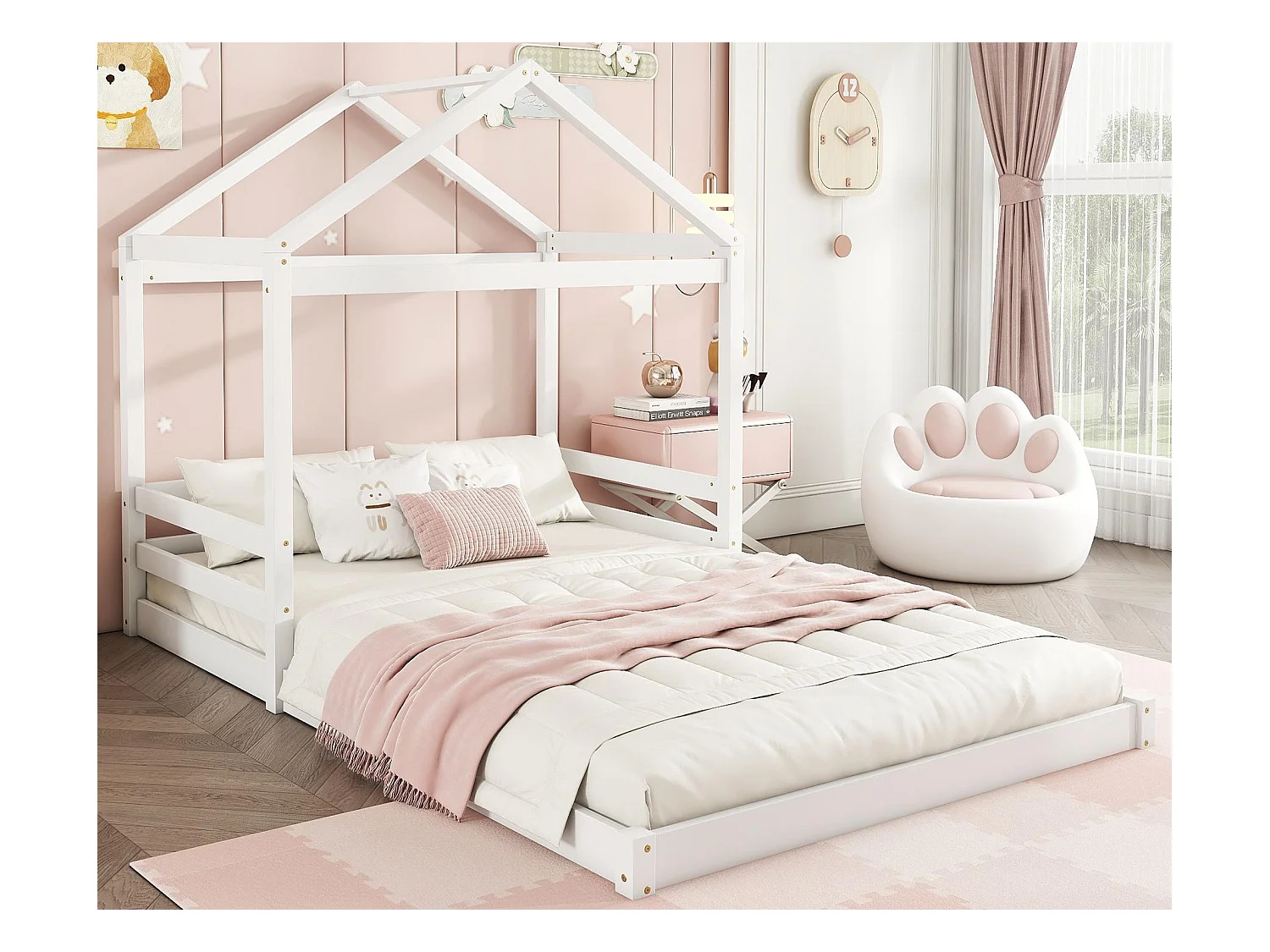 Lit cabane 140x200cm en bois massif - avec sommier à lattes - Blanc (matelas non inclus)