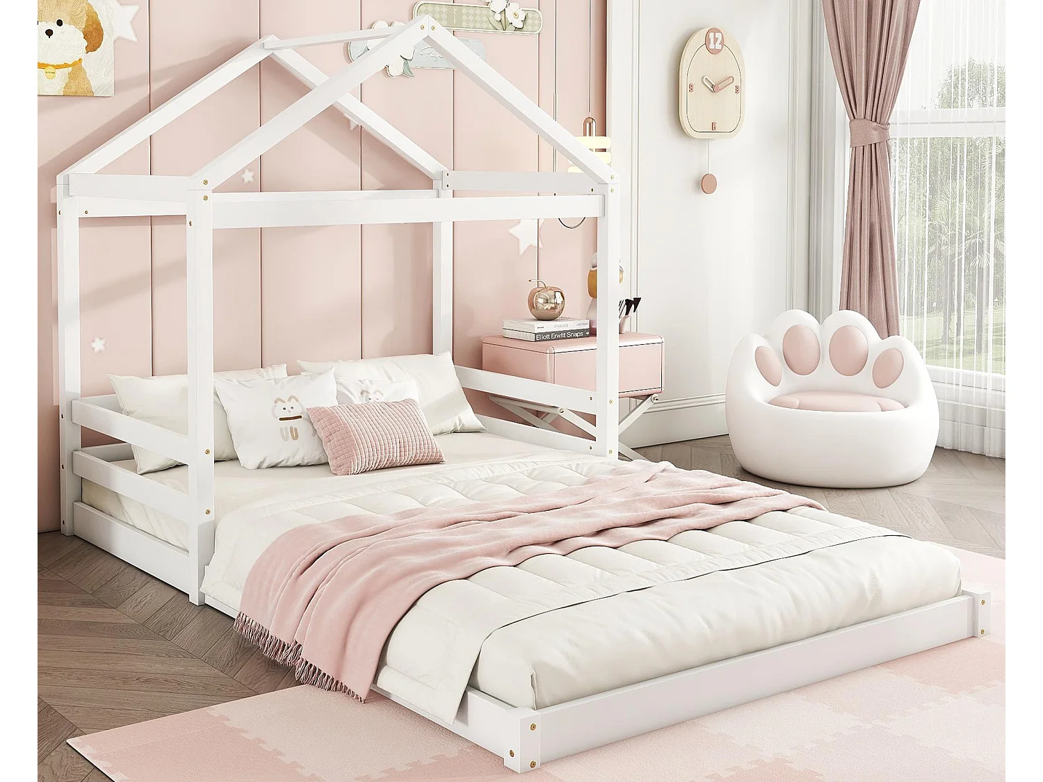 Lit cabane 140x200cm en bois massif - avec sommier à lattes - Blanc (matelas non inclus)