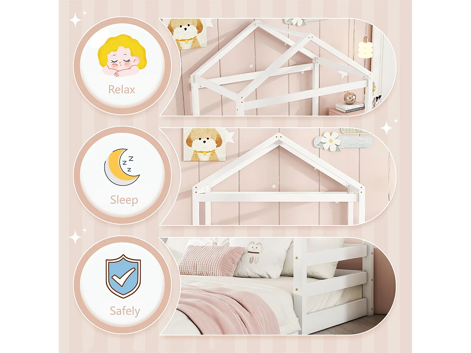 Lit cabane 140x200cm en bois massif - avec sommier à lattes - Blanc (matelas non inclus)