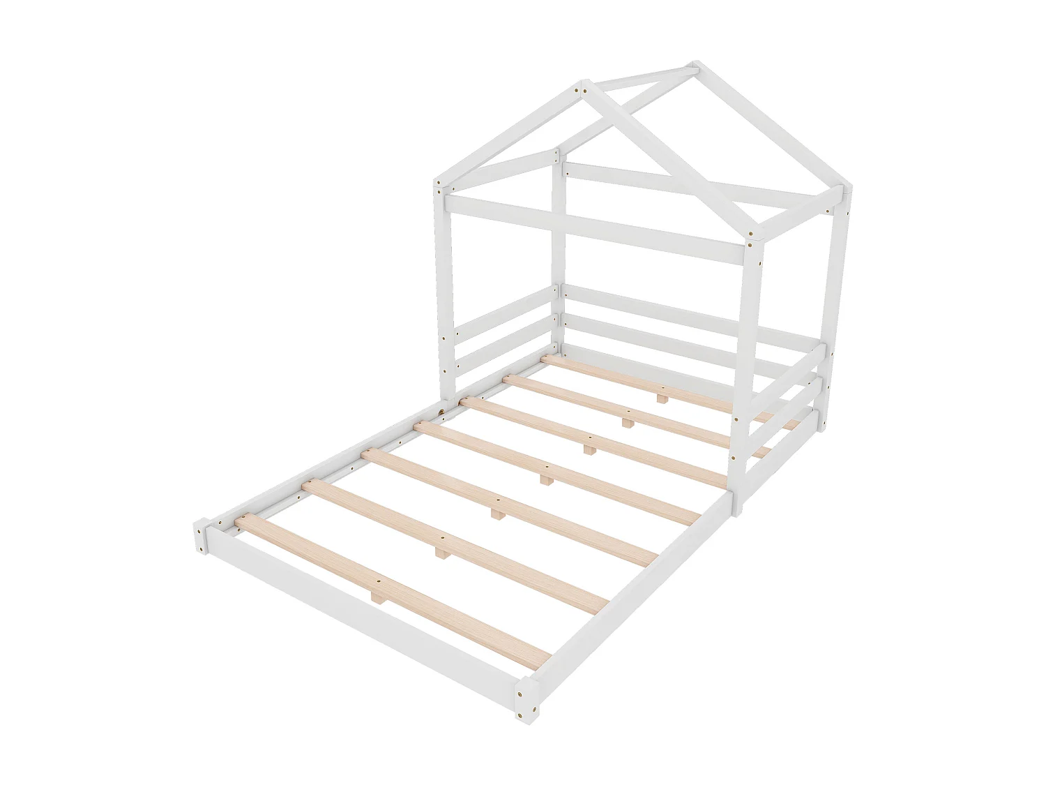 Lit cabane 140x200cm en bois massif - avec sommier à lattes - Blanc (matelas non inclus)