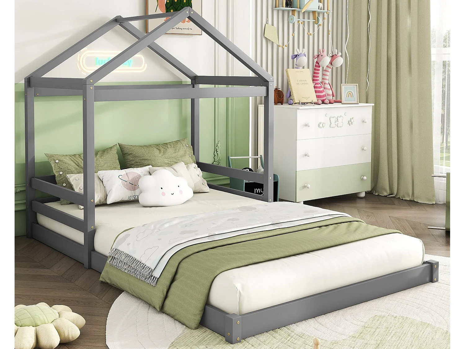 Lit cabane 140x200cm en bois massif - avec sommier à lattes - Gris (matelas non inclus)