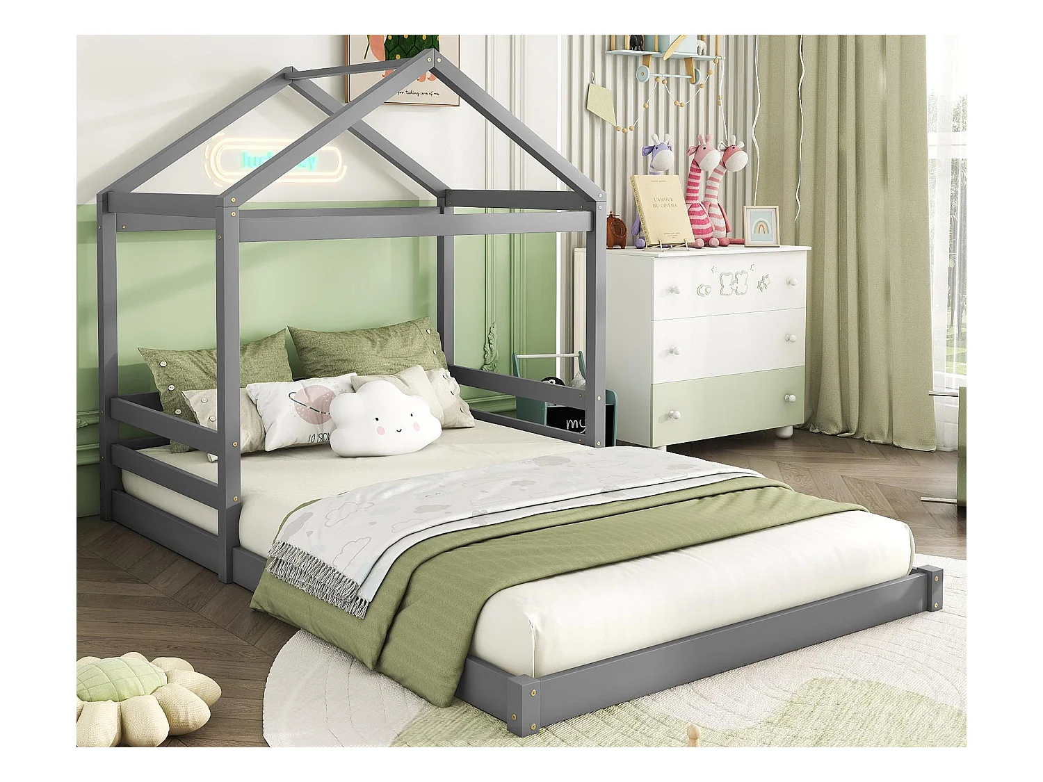 Cabinebed 140x200cm in massief hout - met lattenbodem - Grijs (matras niet inbegrepen)