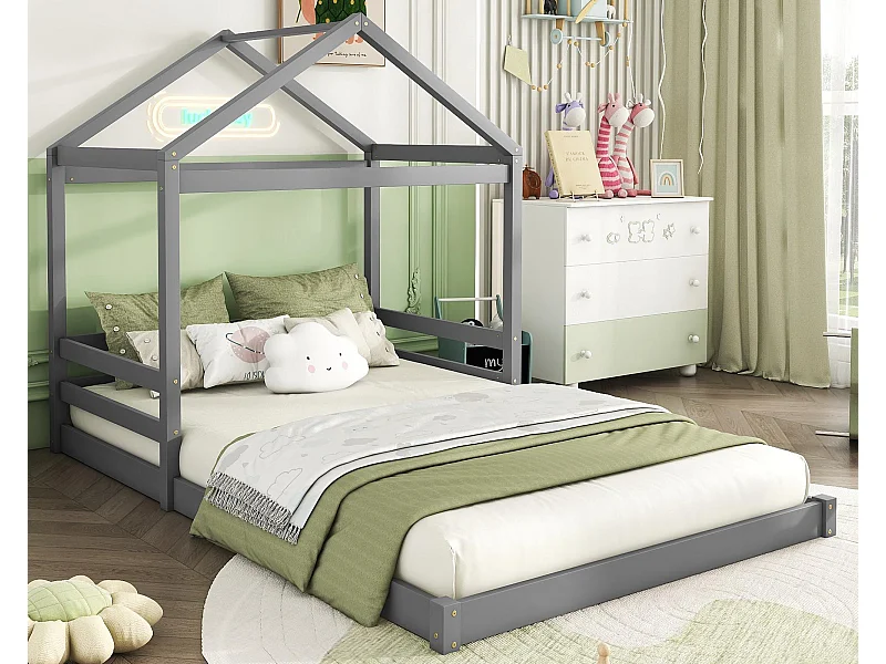 Lit cabane 140x200cm en bois massif - avec sommier à lattes - Gris (matelas non inclus)