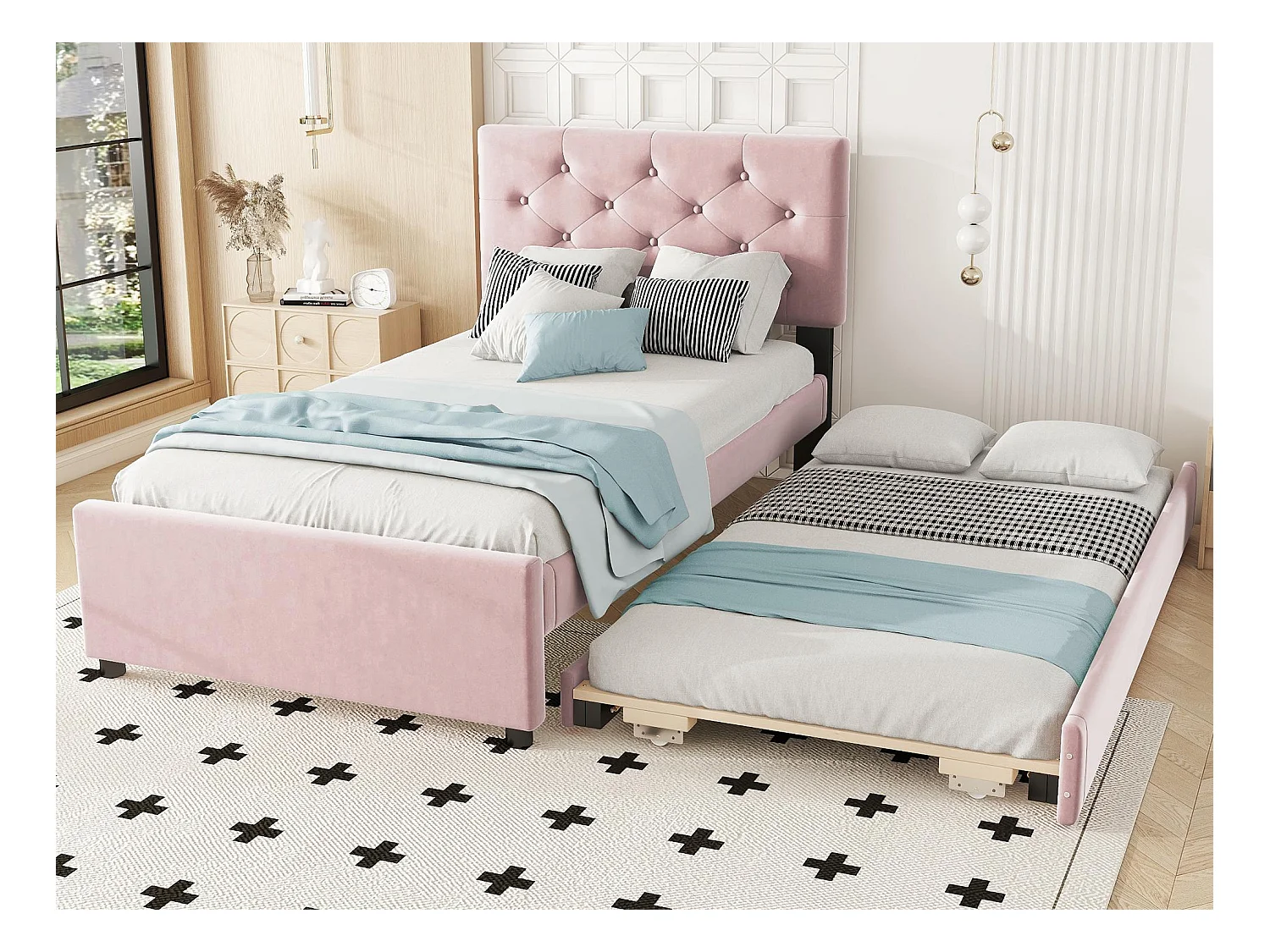 Eenpersoons fluwelen bed met uitschuifbaar bed 90x200cm - Roze