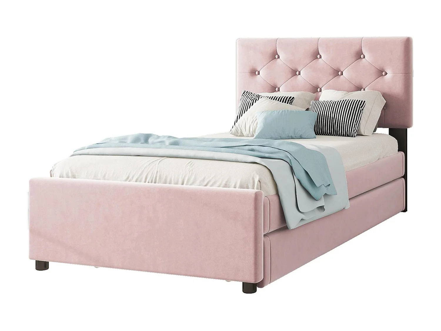 Lit simple en velours avec lit gigogne 90x200cm - Rose