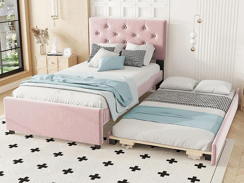 Einzelbett aus Samt mit Ausziehbett 90x200cm - Rosa