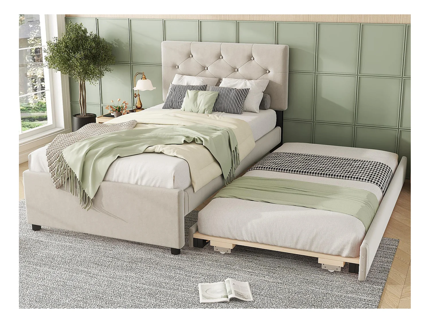 Lit simple en velours avec lit gigogne 90x200cm - Beige