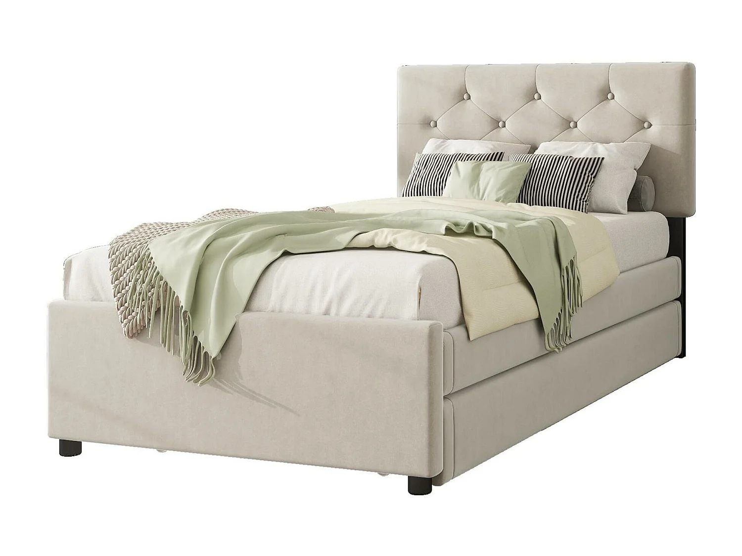 Lit simple en velours avec lit gigogne 90x200cm - Beige