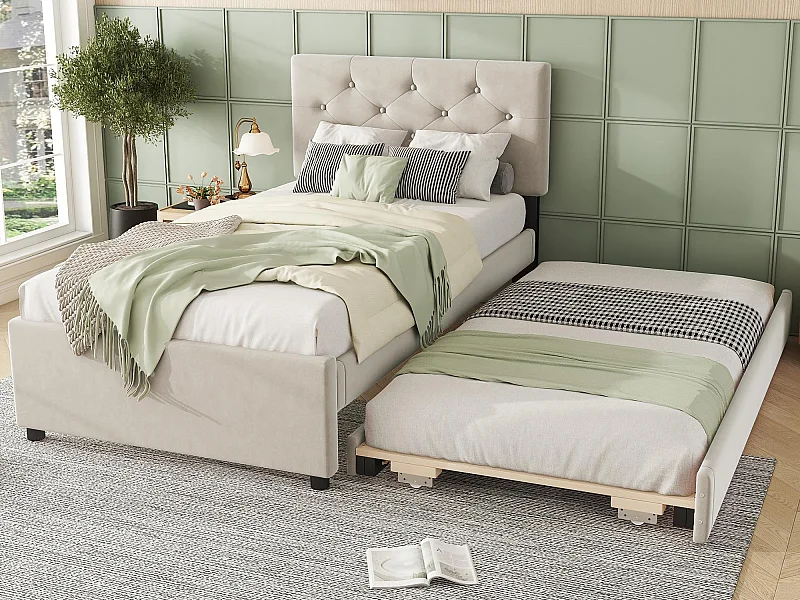 Cama individual de terciopelo con cama nido 90x200cm - Beige