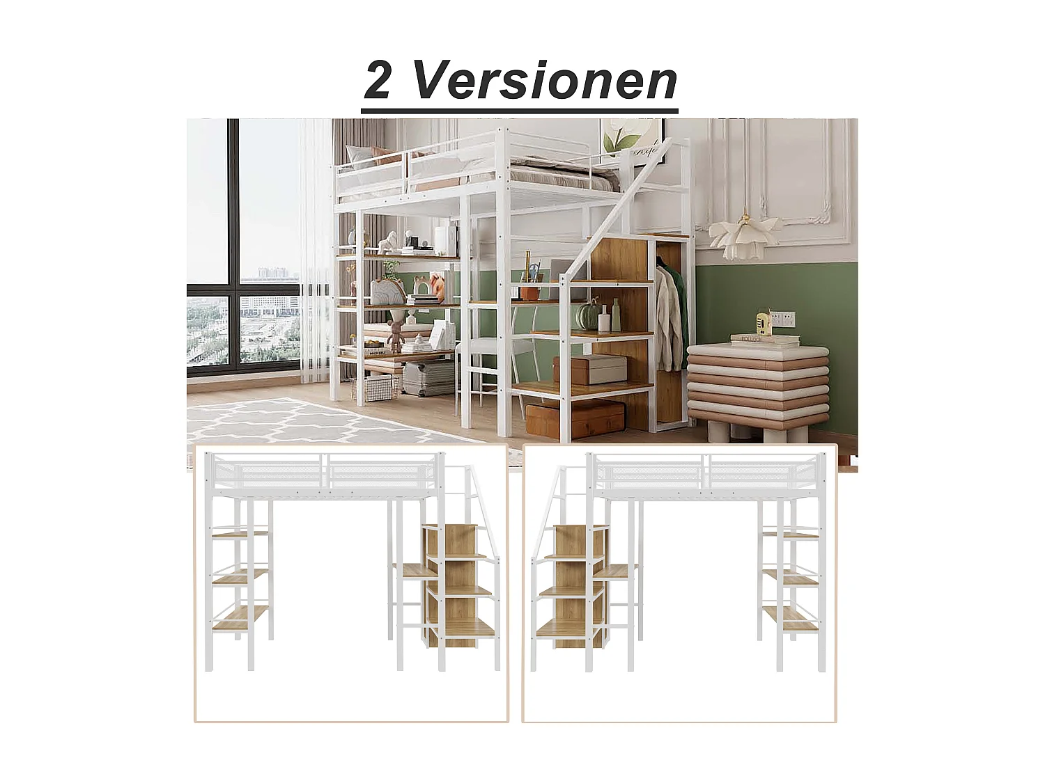 Łóżko mezzanine 90x200cm z metalu - z biurkiem i schowkami - Białe