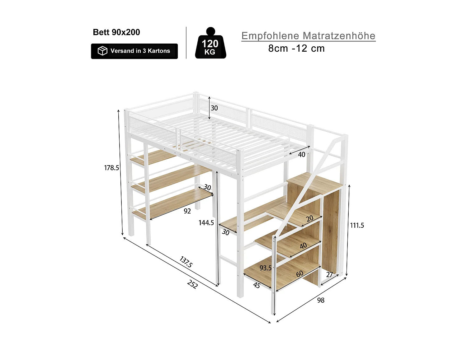 Łóżko mezzanine 90x200cm z metalu - z biurkiem i schowkami - Białe