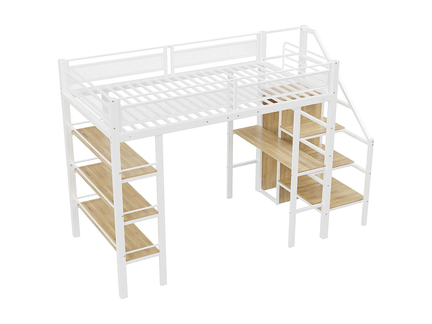 Łóżko mezzanine 90x200cm z metalu - z biurkiem i schowkami - Białe