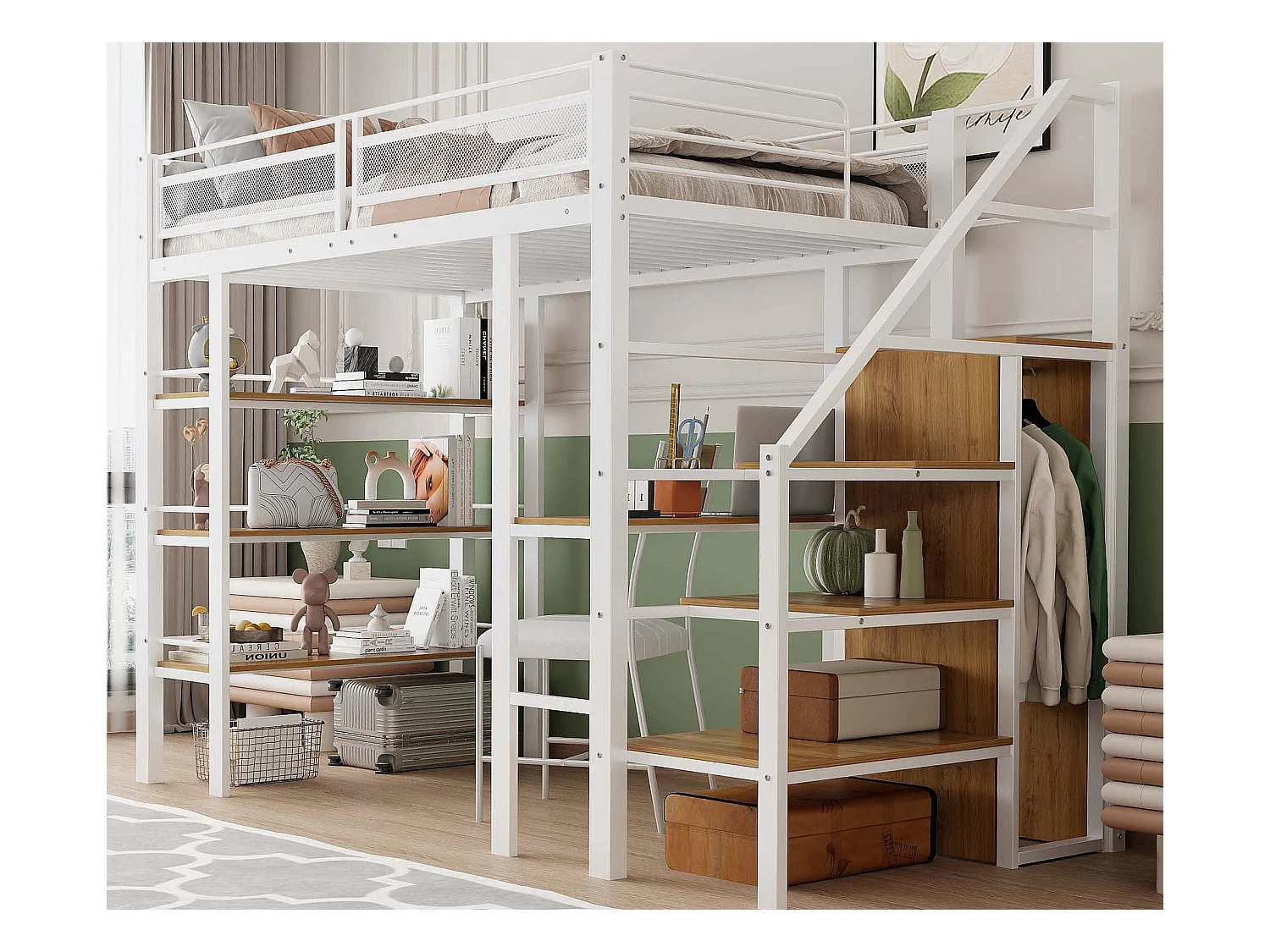 Łóżko mezzanine 90x200cm z metalu - z biurkiem i schowkami - Białe