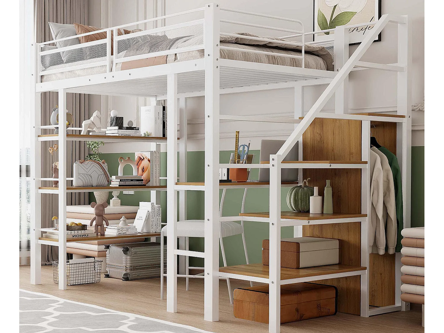 Cama mezanino em metal 90x200cm - com secretária e compartimentos de arrumação - Branco