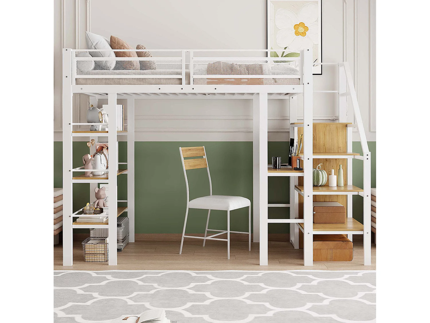 Cama mezanino em metal 90x200cm - com secretária e compartimentos de arrumação - Branco