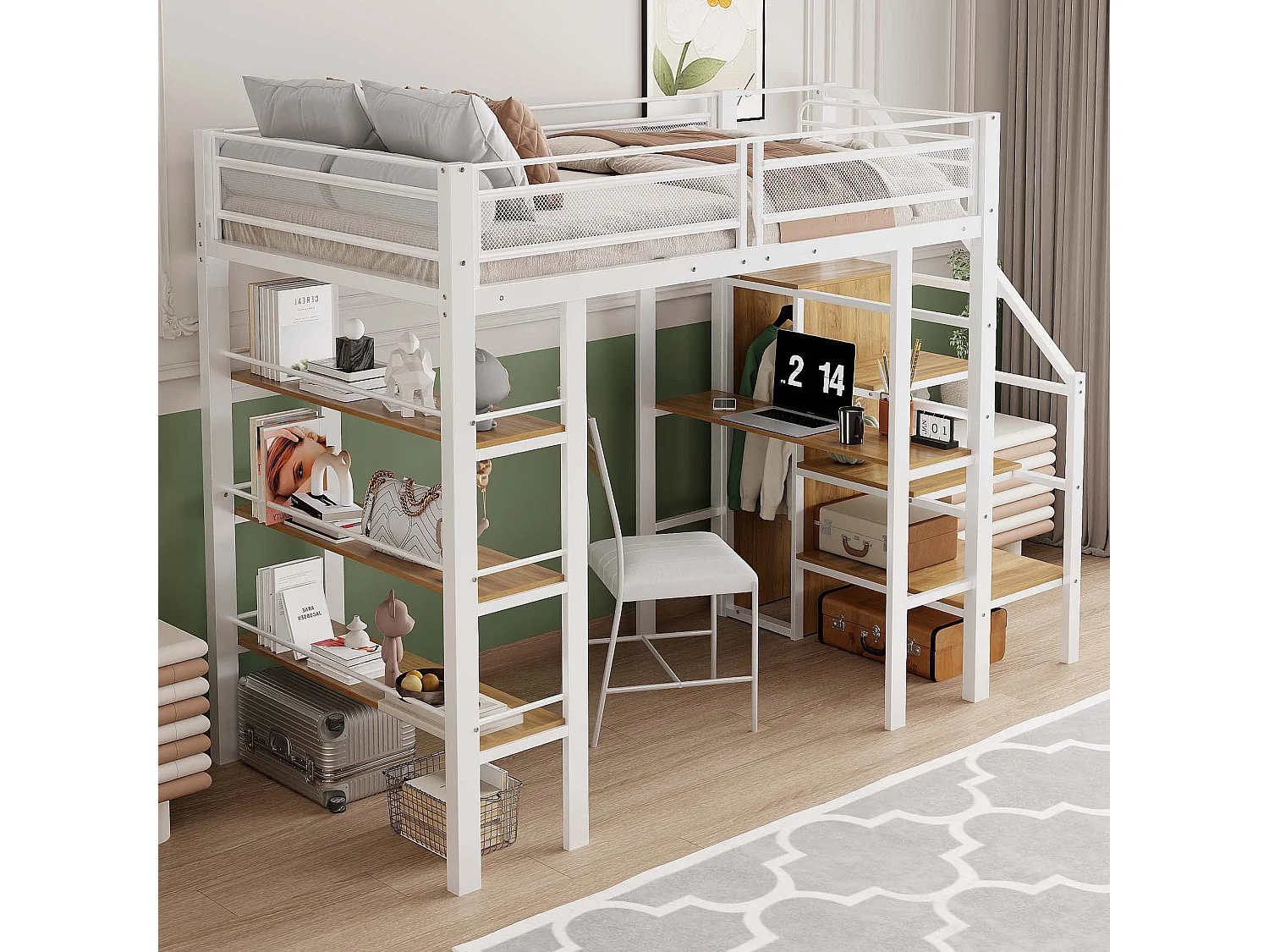 Cama mezanino em metal 90x200cm - com secretária e compartimentos de arrumação - Branco