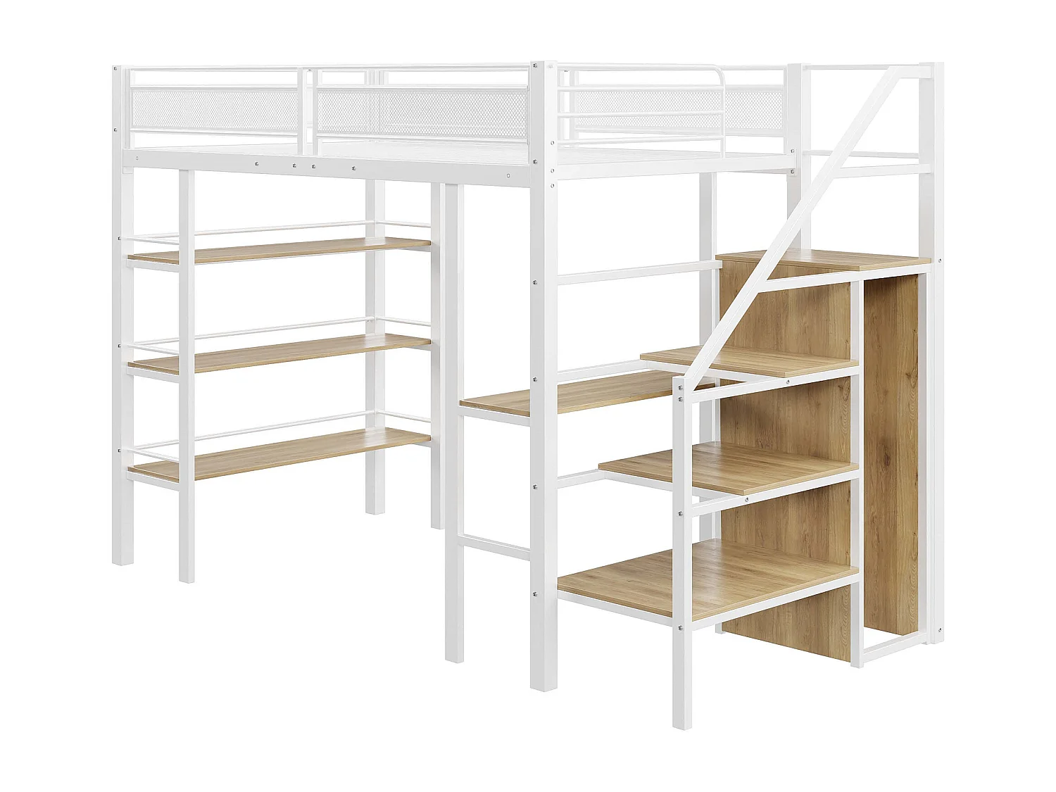 Cama mezanino em metal 90x200cm - com secretária e compartimentos de arrumação - Branco