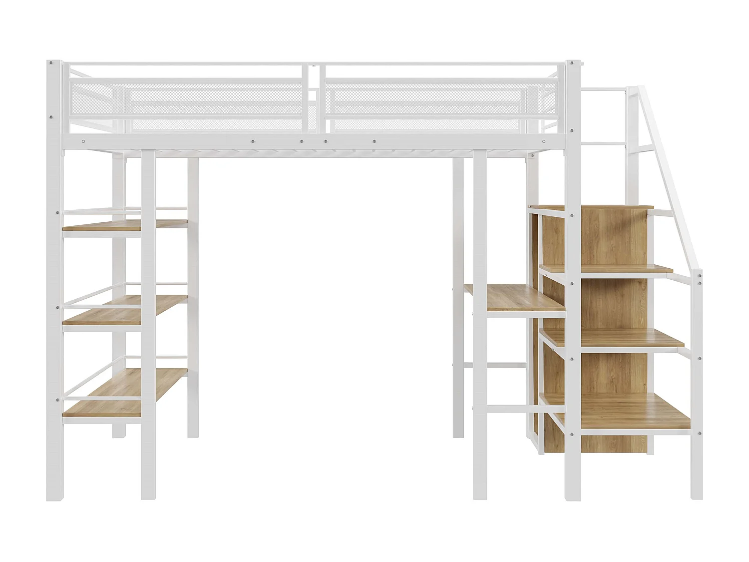 Cama mezanino em metal 90x200cm - com secretária e compartimentos de arrumação - Branco