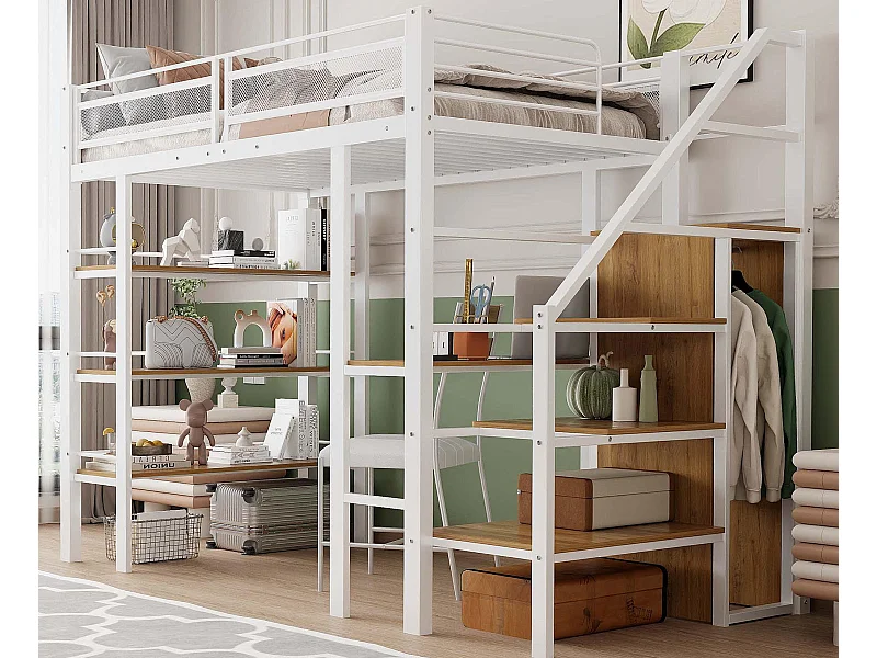 Łóżko mezzanine 90x200cm z metalu - z biurkiem i schowkami - Białe
