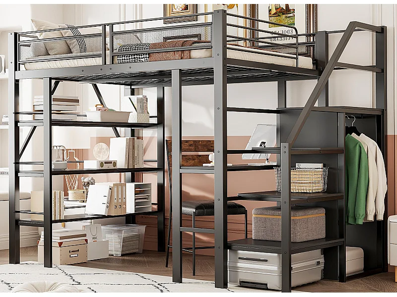 Hochbett aus Metall, 140 x 200 cm – mit Schreibtisch und Staufächern – Schwarz
