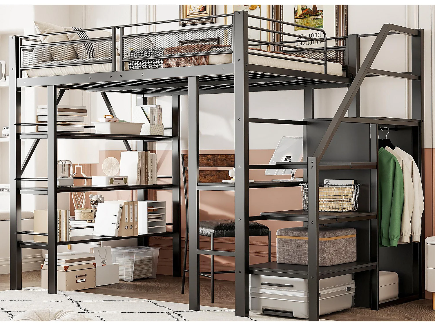 Letto a soppalco in metallo 140x200 cm - con scrivania e vani portaoggetti - Nero