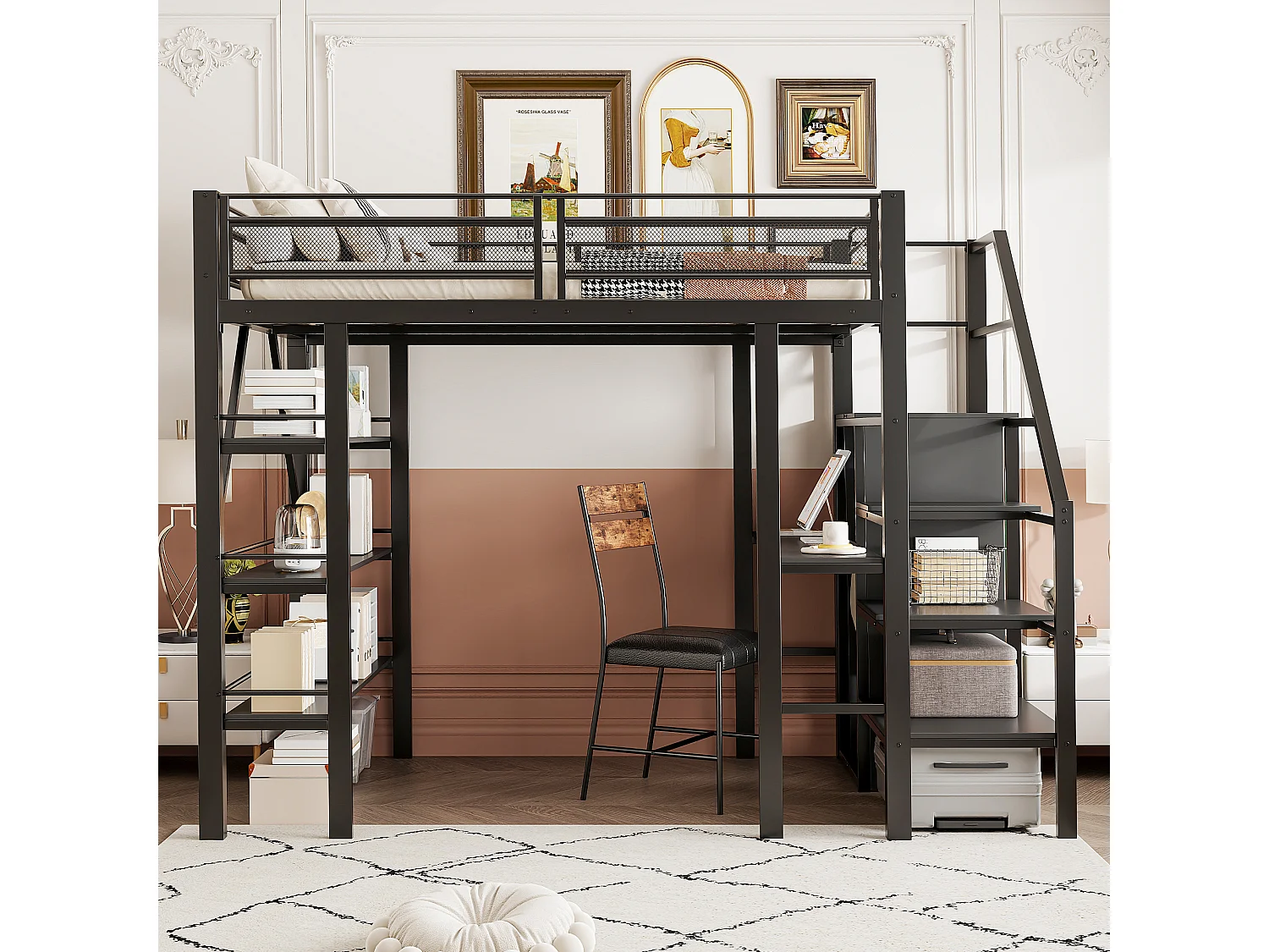 Letto a soppalco in metallo 140x200 cm - con scrivania e vani portaoggetti - Nero