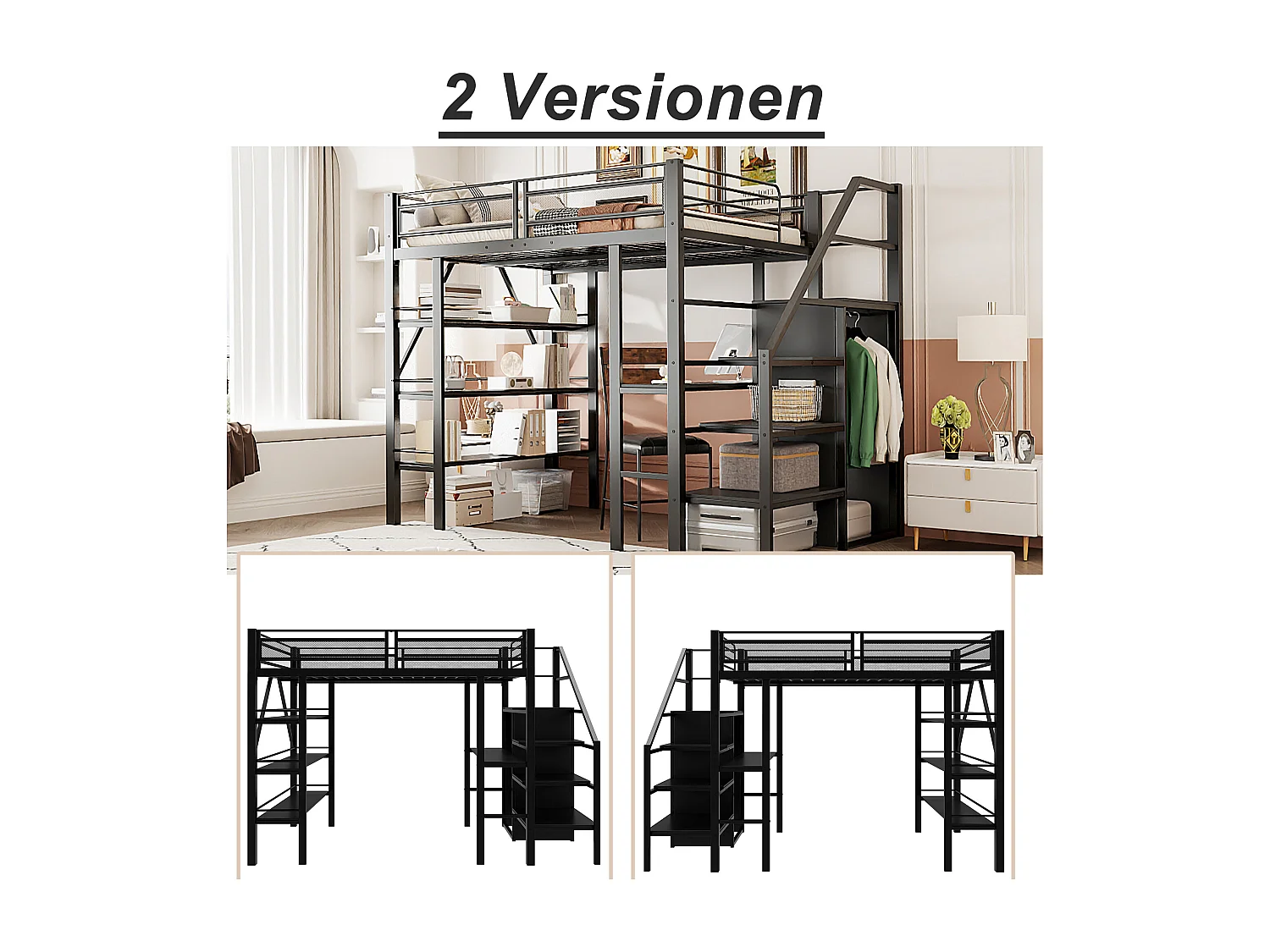 Letto a soppalco in metallo 140x200 cm - con scrivania e vani portaoggetti - Nero