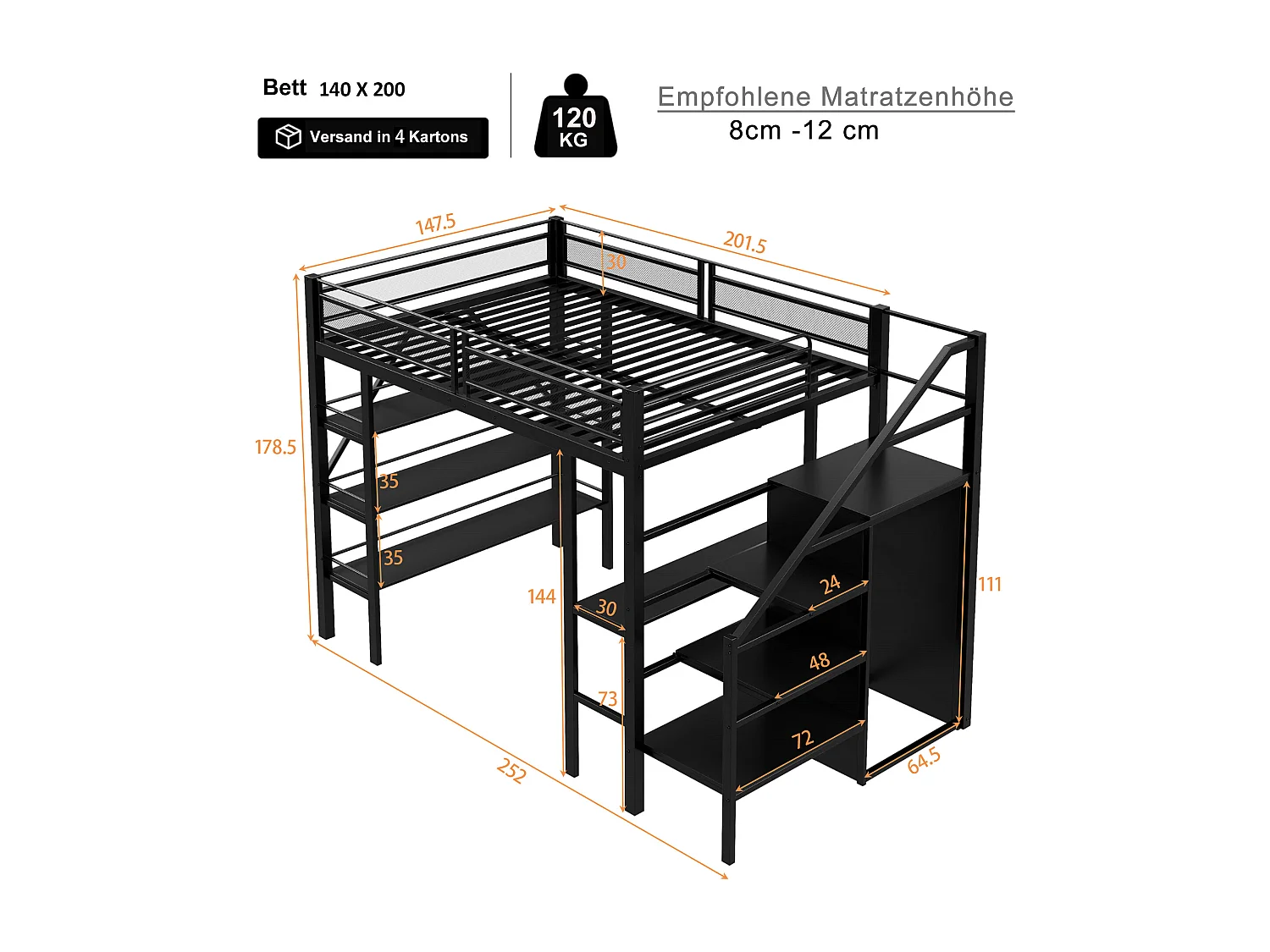 Letto a soppalco in metallo 140x200 cm - con scrivania e vani portaoggetti - Nero
