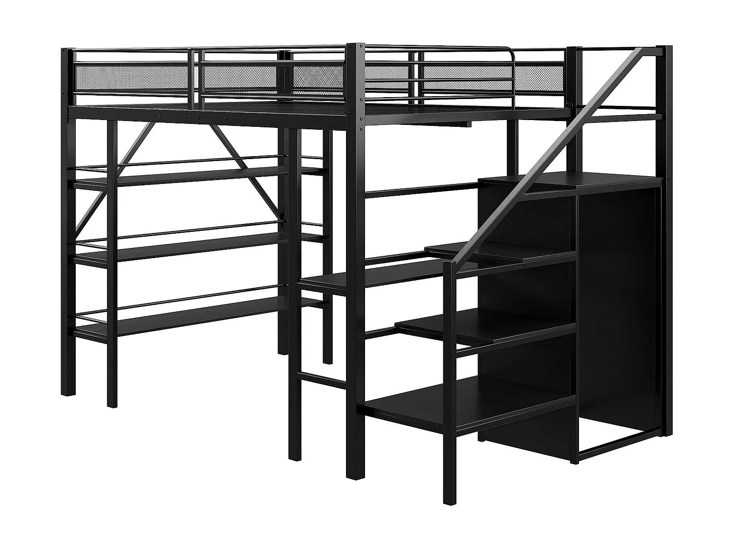 Lit mezzanine 140x200cm en métal - avec un bureau & compartiments de rangement - Noir