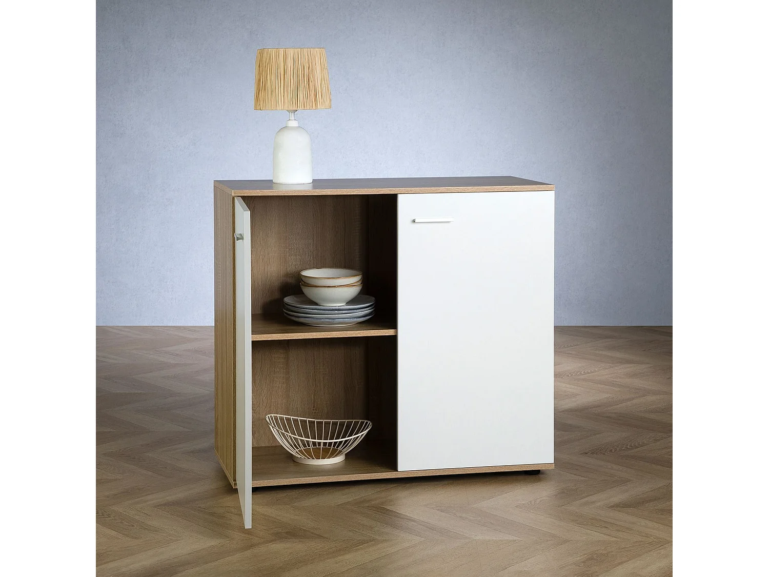 Buffet CHICAGO commode meuble de rangement en mélaminé chêne sonoma/blanc, avec 2 portes