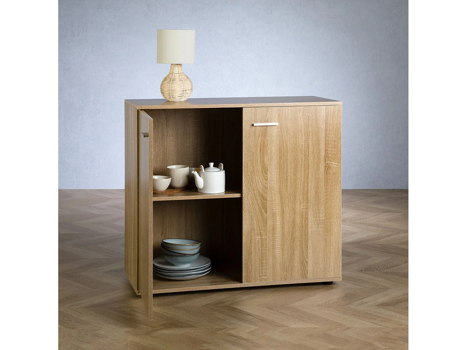 Buffet CHICAGO commode meuble de rangement en mélaminé décor chêne sonoma, avec 2 portes