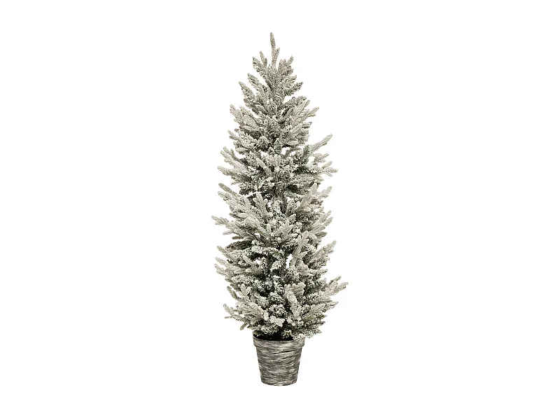 Sapin de Noël artificiel vert floqué blanc et pailleté dans un pot argenté H 150 cm