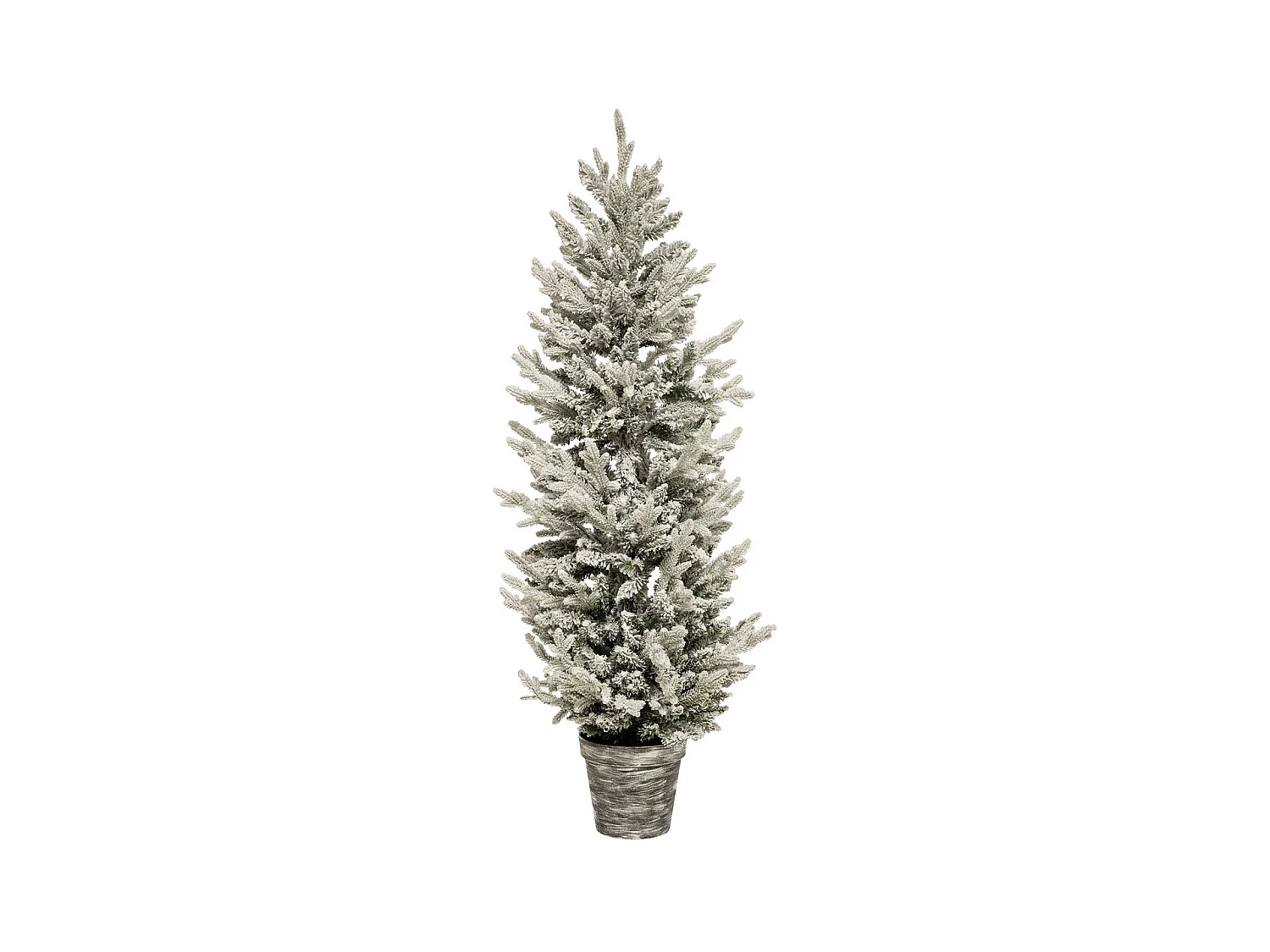 Sapin de Noël artificiel vert floqué blanc et pailleté dans un pot argenté H 150 cm
